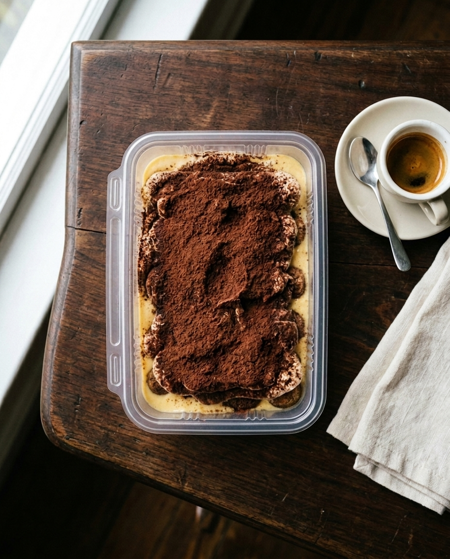 Tiramisù tray next to an espresso cup for size reference