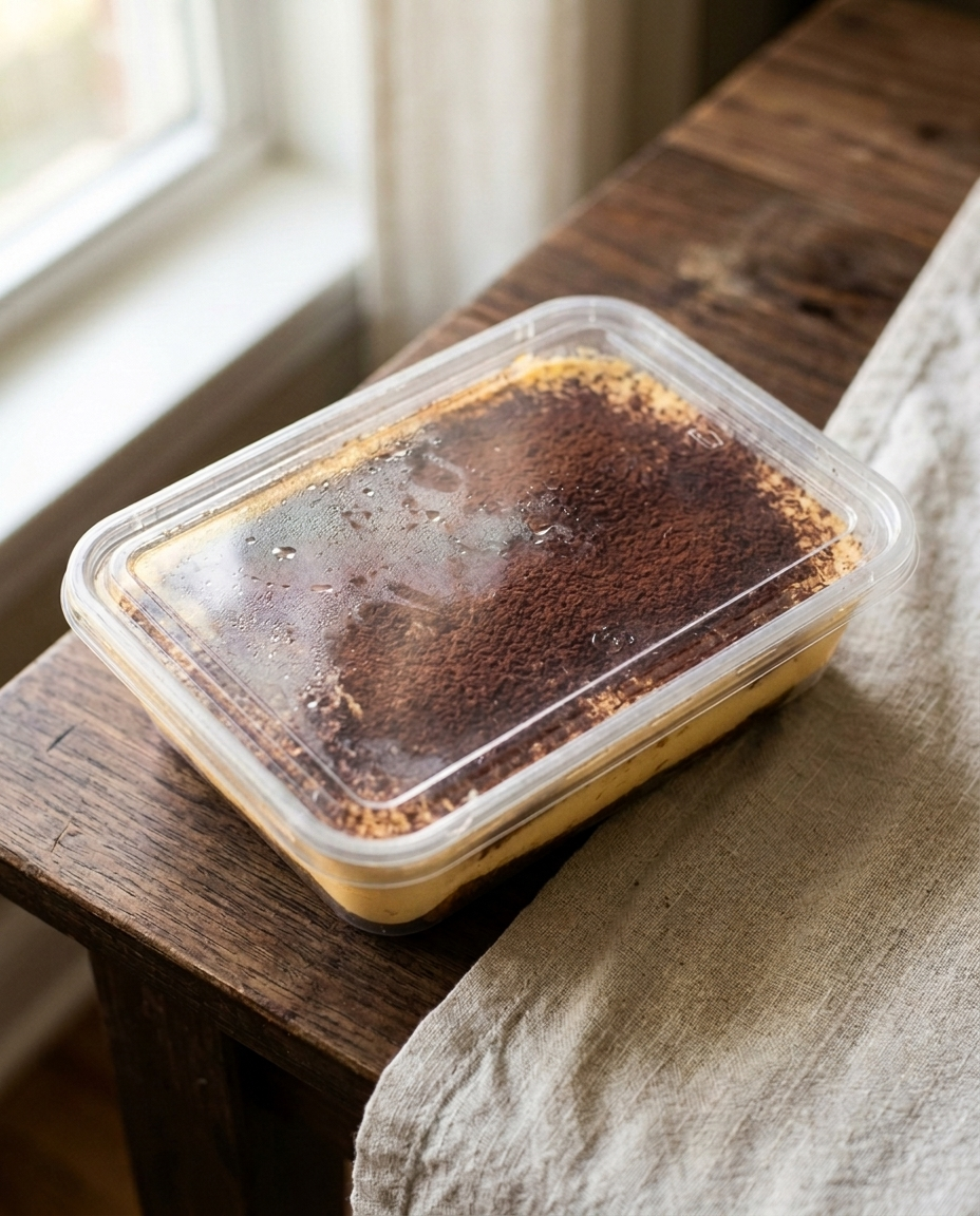 Tiramisù in its sealed takeaway tray, as it arrives
