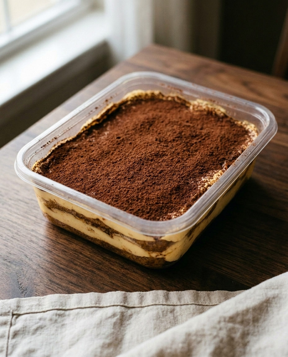 Large tray of homemade Italian tiramisu dusted with cocoa