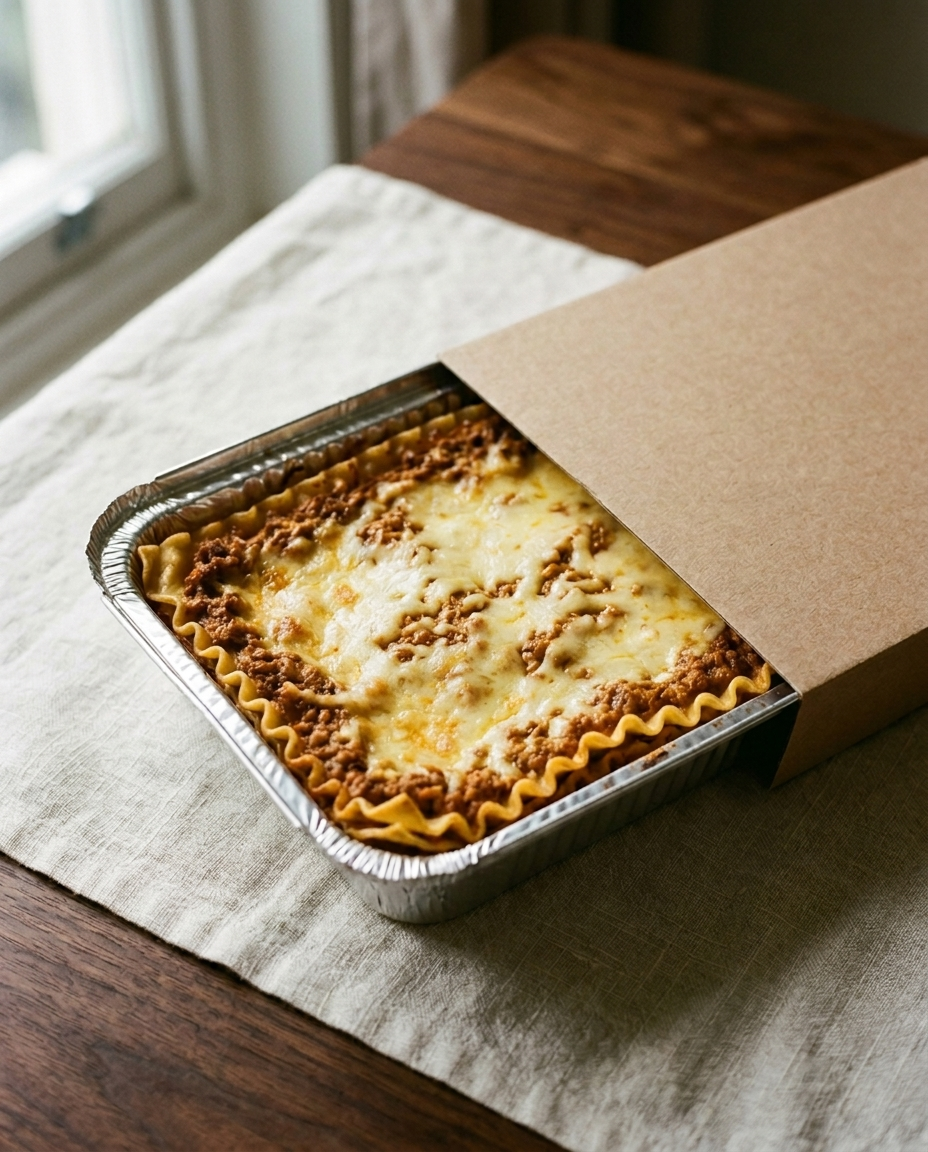 Lasagna in its sealed aluminium tray, chilled as it arrives