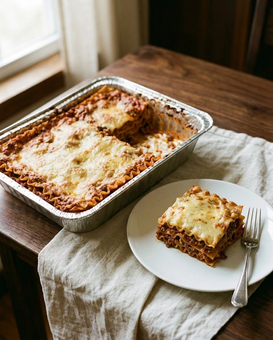 Lasagna tray with one portion served on a plate for size reference