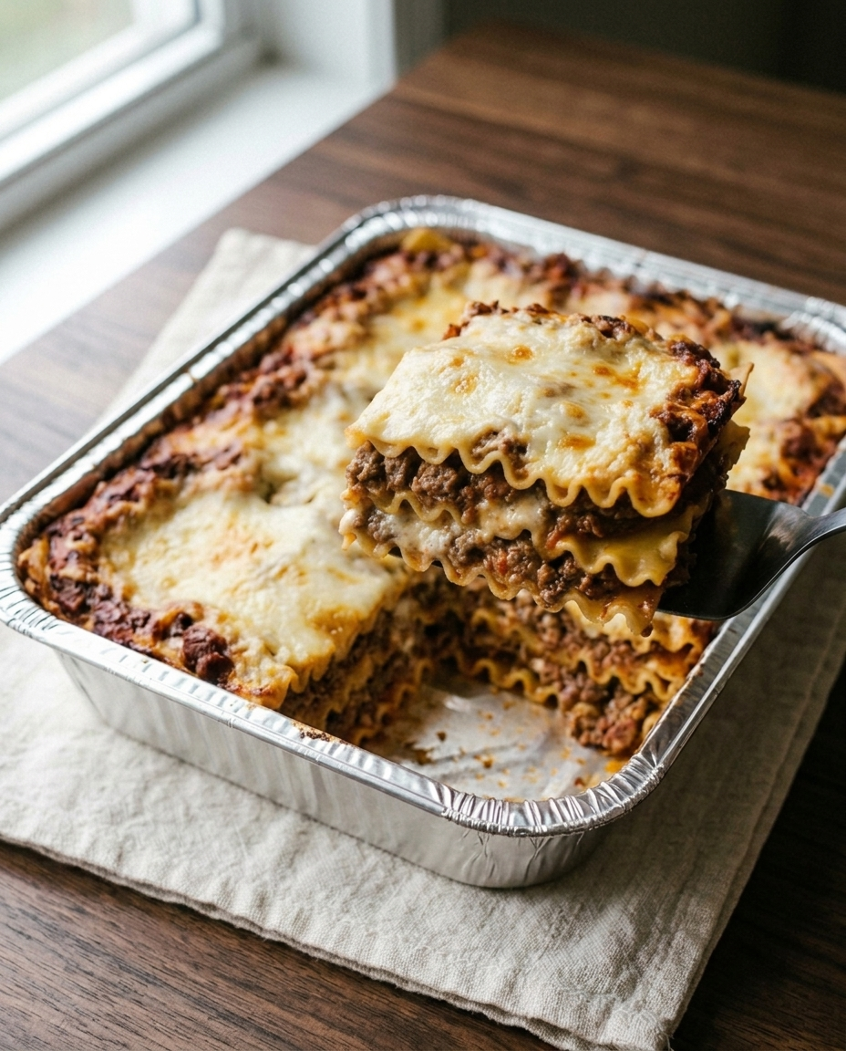 Lasagna portion lifted on a spatula showing three pasta layers with ragù and béchamel