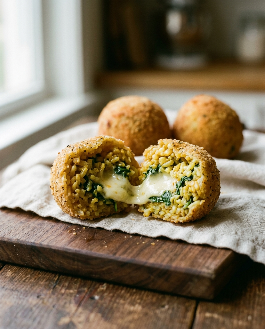 Arancino split open showing rice, spinach and melted mozzarella filling