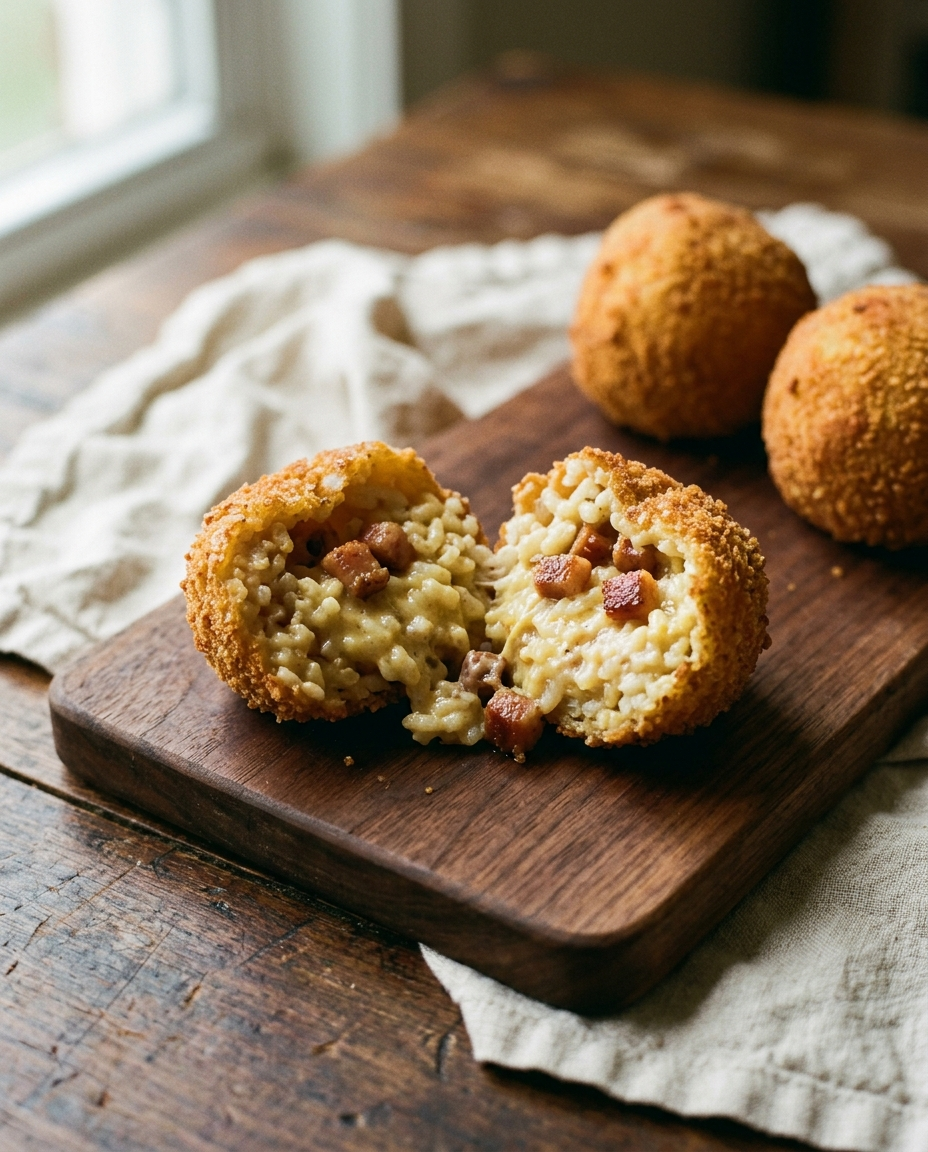Arancino split open showing rice with creamy carbonara filling and cured pork