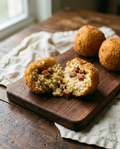 Arancino split open showing rice with creamy carbonara filling and cured pork