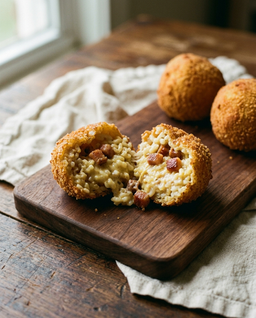 Arancino split open showing rice with creamy carbonara filling and cured pork