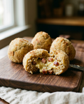 Four homemade carbonara arancini with golden breadcrumb coating, one cut open