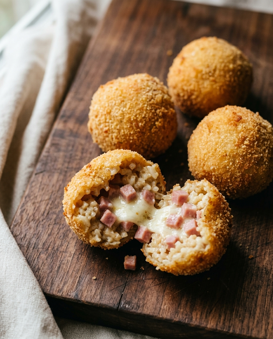 Four homemade arancini with ham and mozzarella, golden breadcrumb coating, one cut open