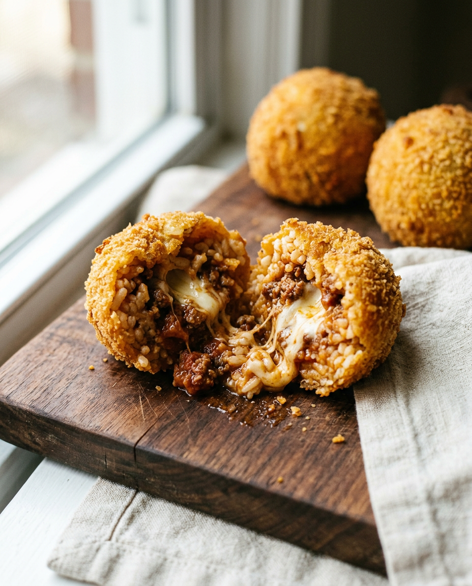 Arancini ragu split open showing rice, meat sauce and melted mozzarella filling