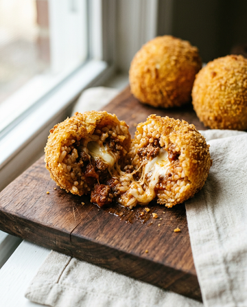 Arancini ragu split open showing rice, meat sauce and melted mozzarella filling