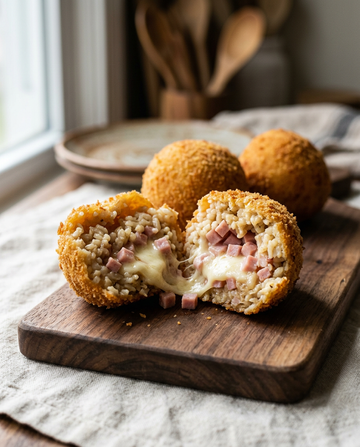 Arancino split open showing rice, diced ham and melted mozzarella filling
