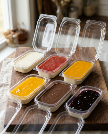 Italian panna cotte in takeaway containers with fruit sauce toppings