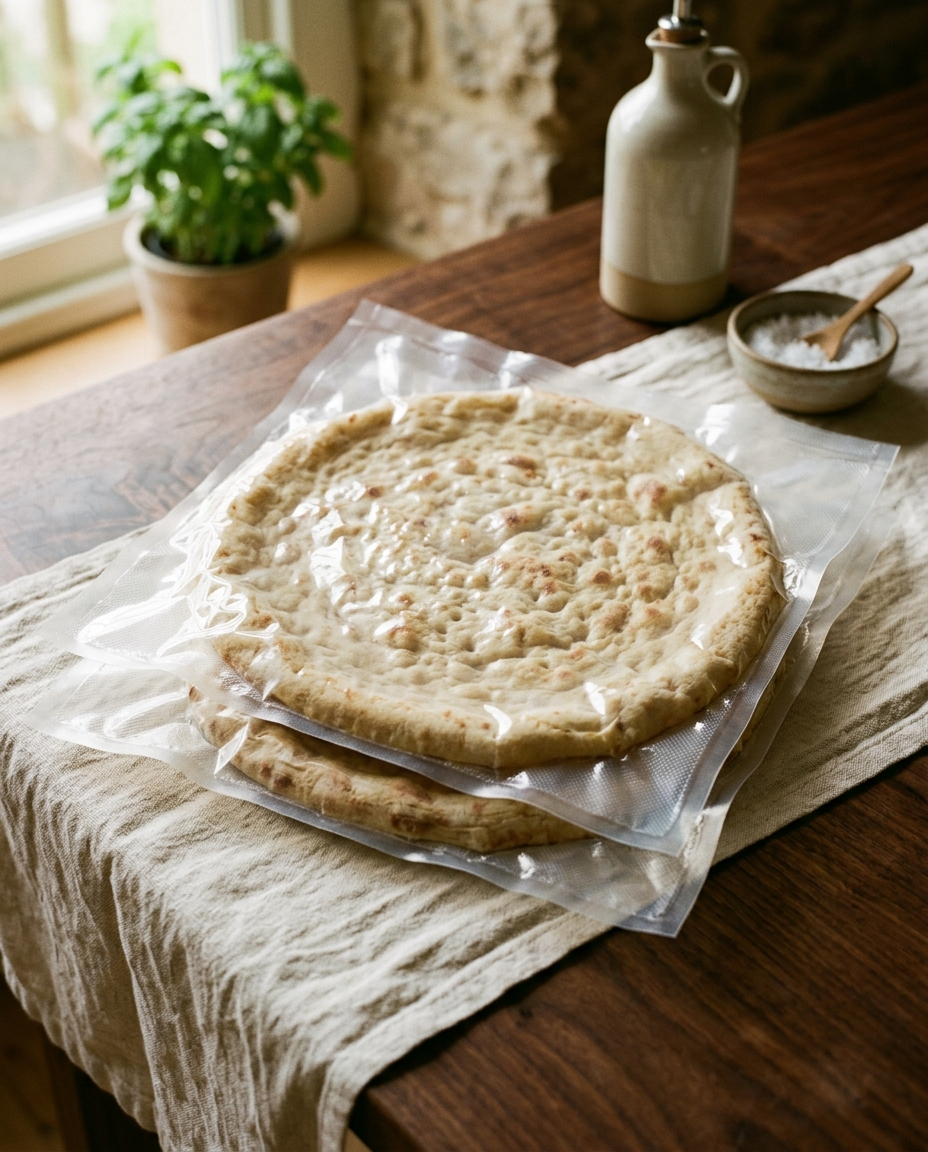 Sealed shelf stable Italian pizza crust packs as they arrive, room temperature