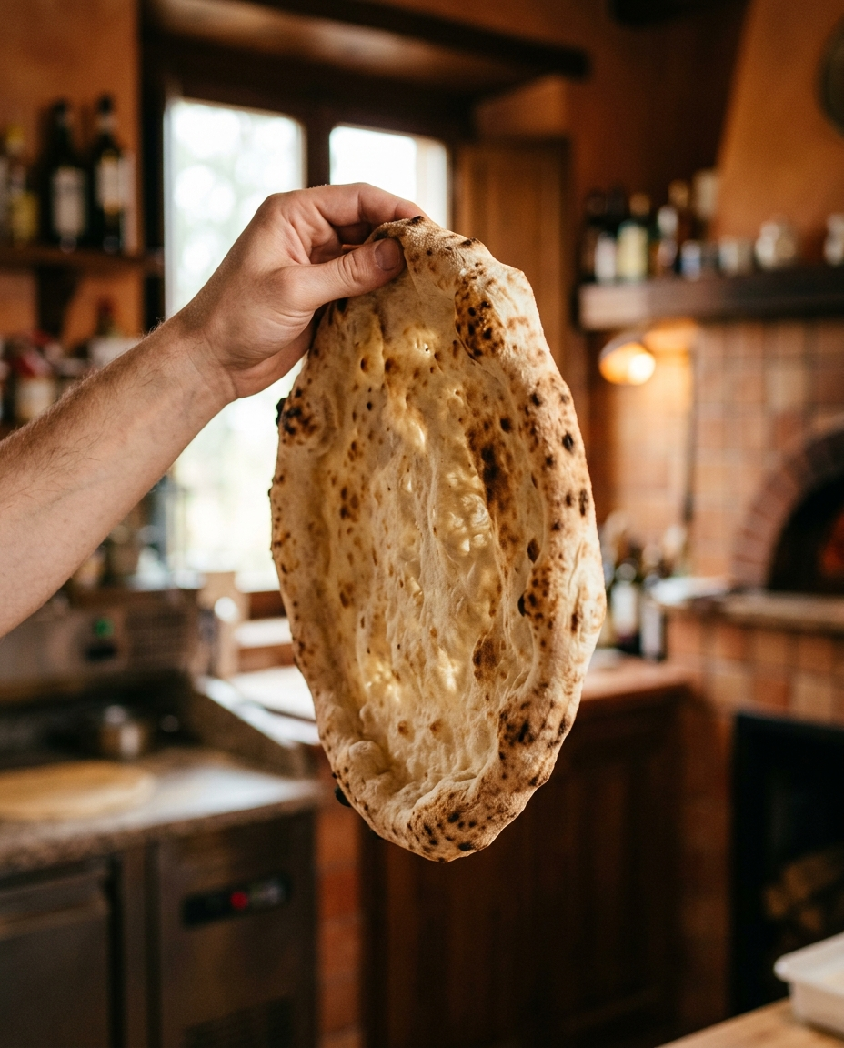 Italian pizza base held up to the light showing its airy naturally leavened dough