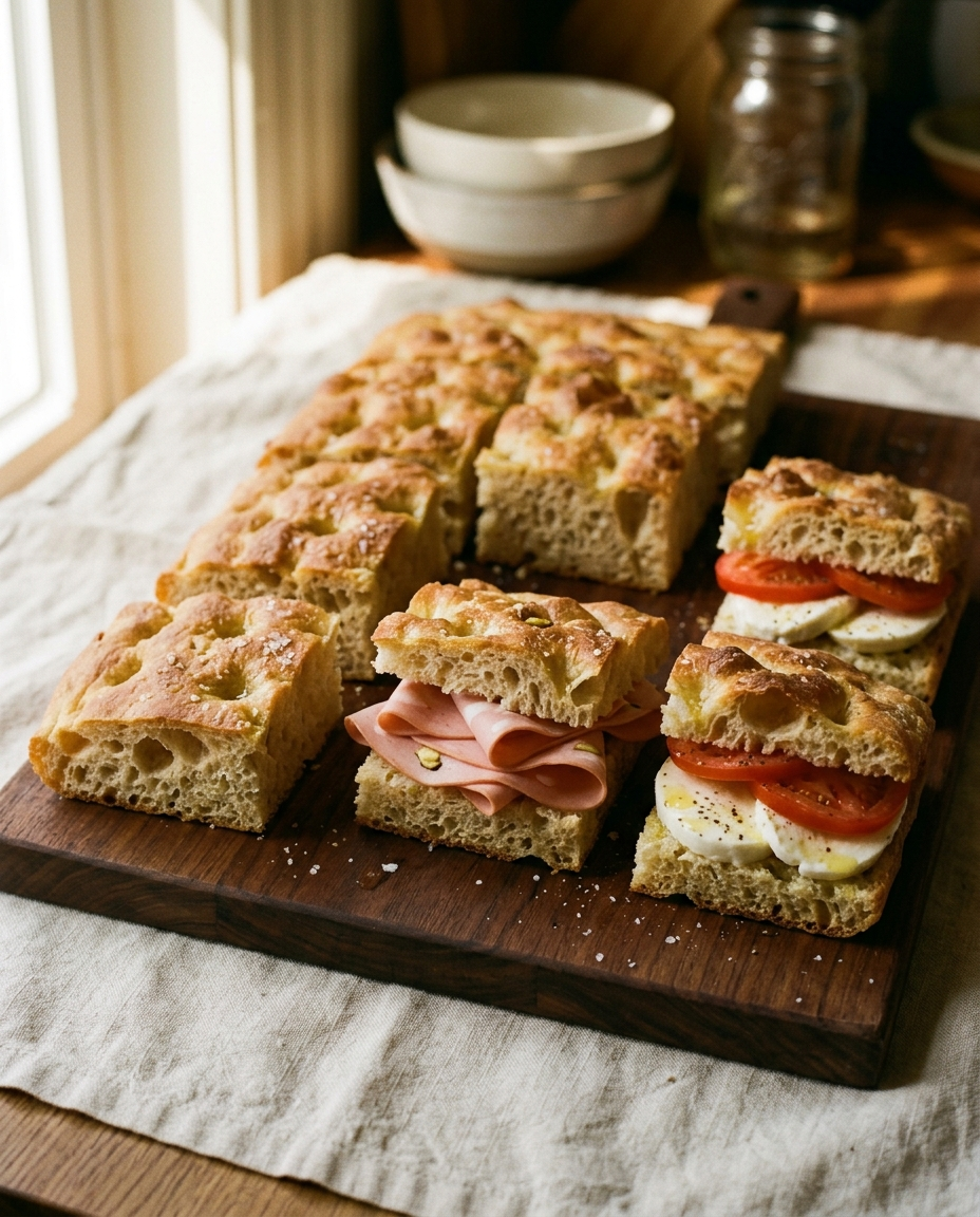 Focaccia base cut into squares and filled as sandwiches at home