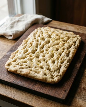 Handmade Italian focaccia base, rectangular 30x40 cm with deep finger dimples