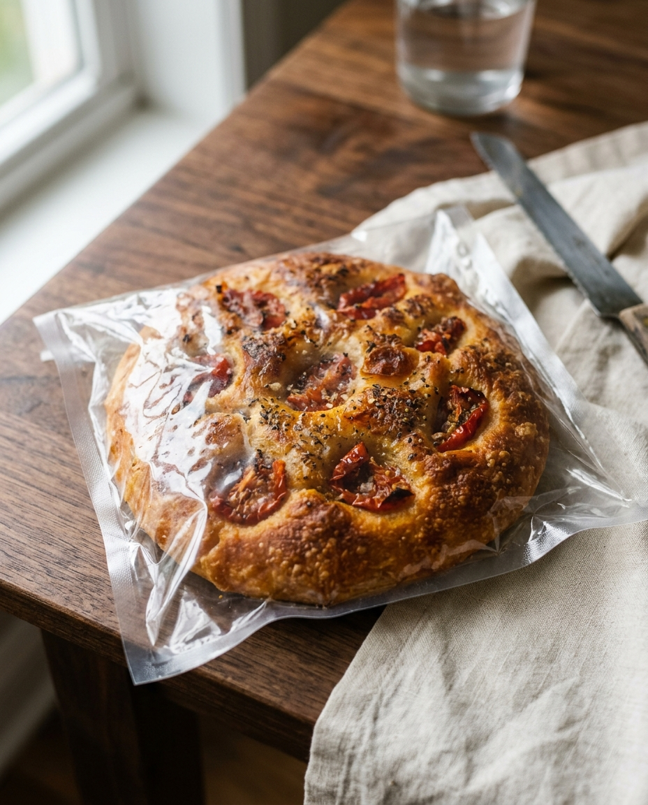 Focaccia Barese sealed and shelf stable, delivered at room temperature