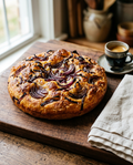 Red onion focaccia on a board beside an espresso cup for size reference
