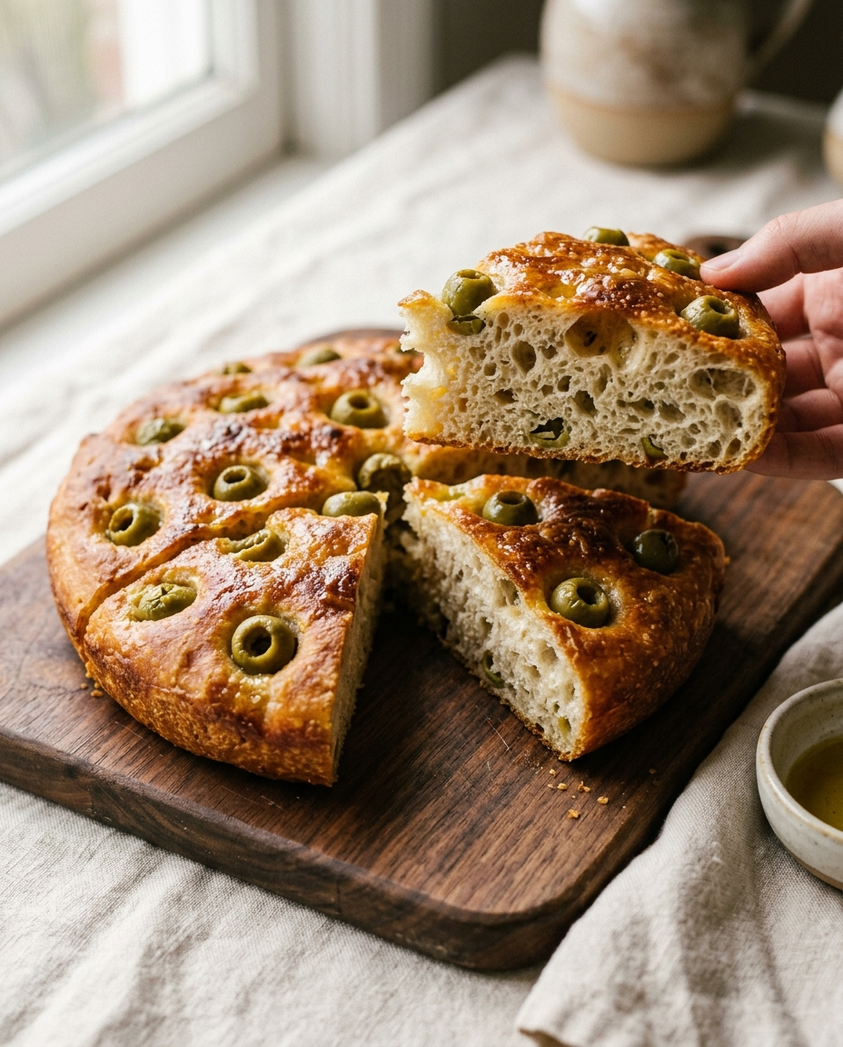 Olive focaccia wedge showing its soft airy crumb