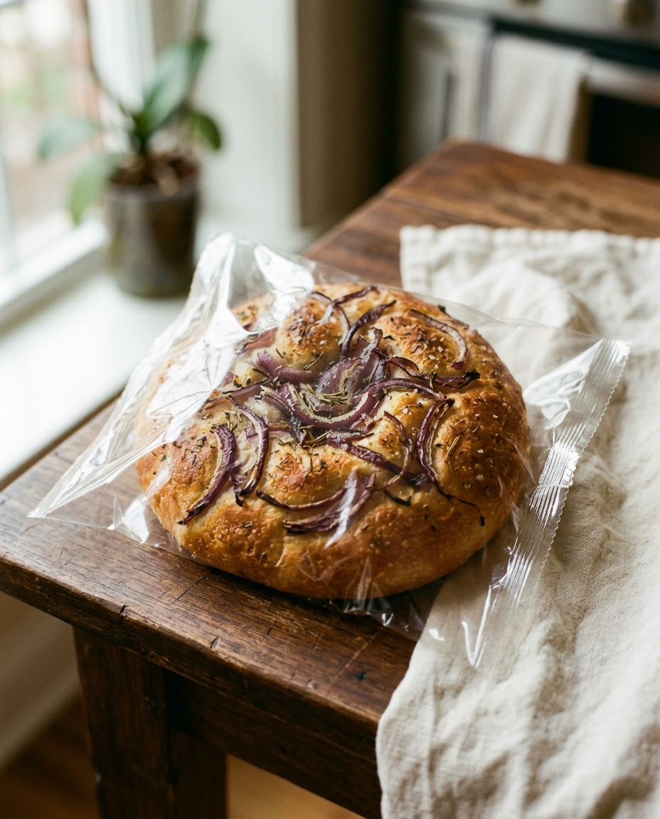 Red onion focaccia sealed and shelf stable, delivered at room temperature