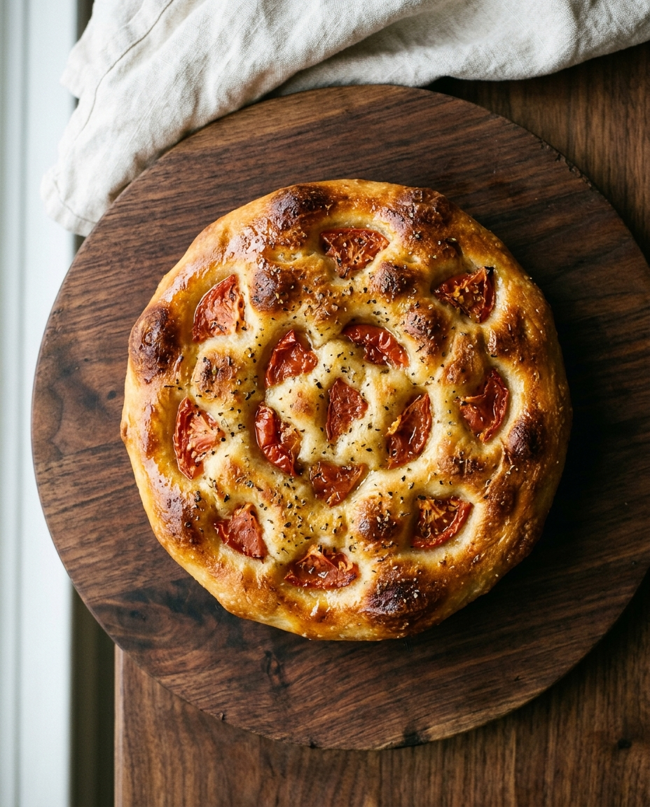Focaccia Barese with hand-torn tomatoes and oregano