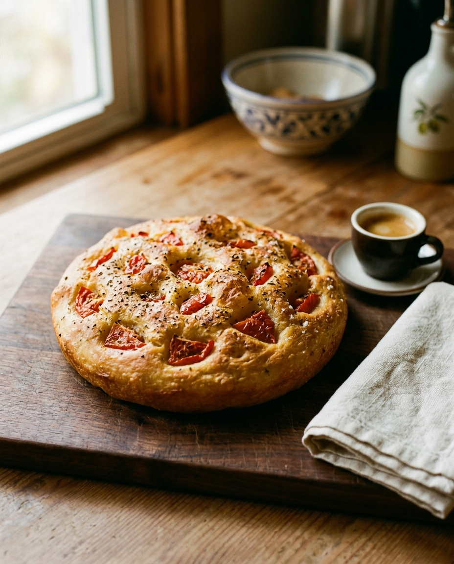 Focaccia Barese on a board beside an espresso cup for size reference