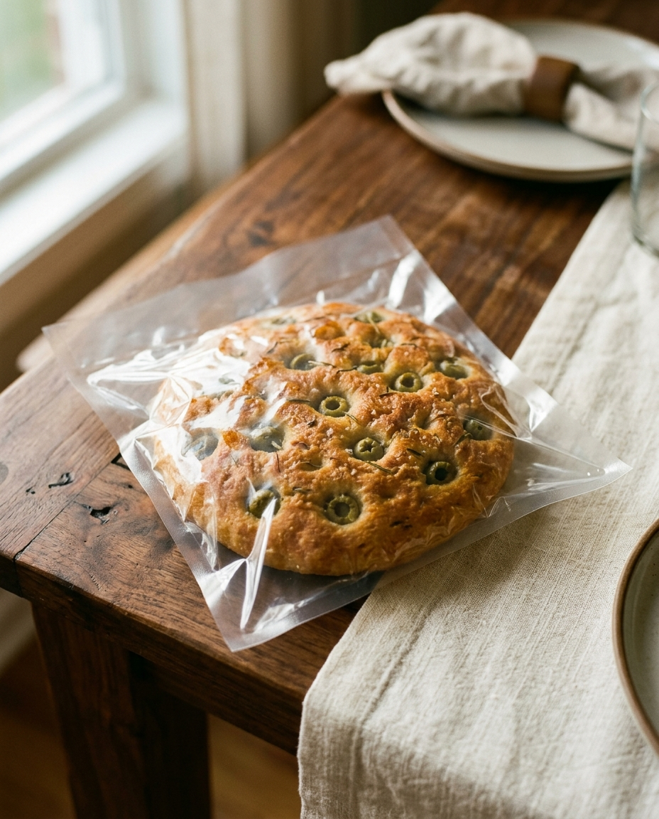 Olive focaccia sealed and shelf stable, delivered at room temperature