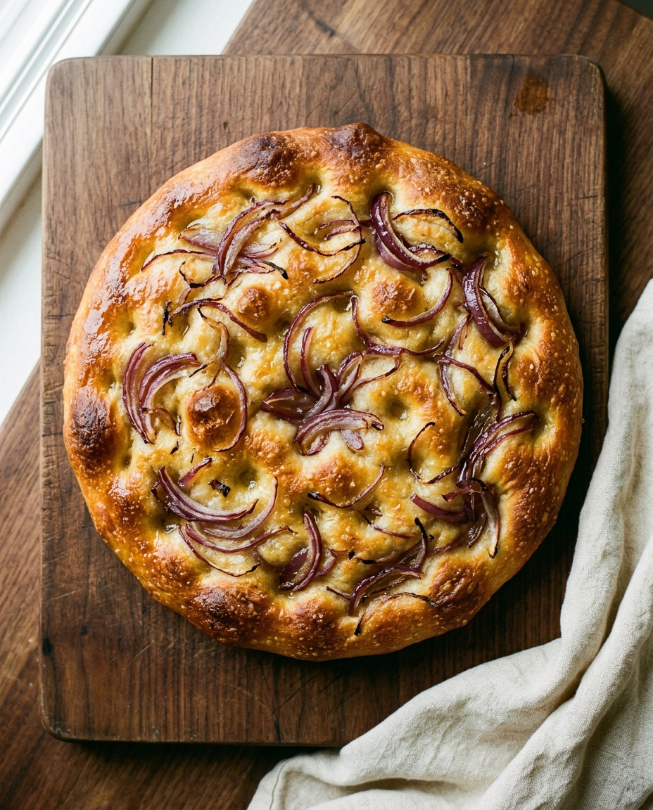 Focaccia with red onions, handmade Italian focaccia