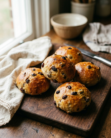 Handmade raisin bread rolls, soft round buns with raisins