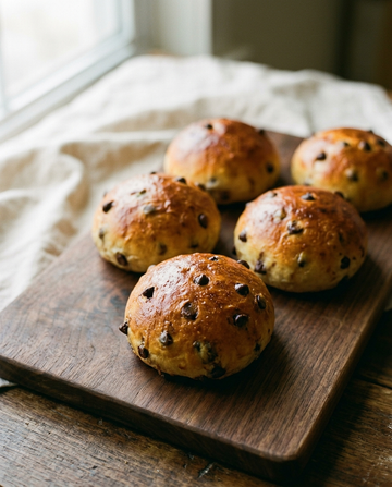Handmade chocolate chip bread rolls, soft round buns