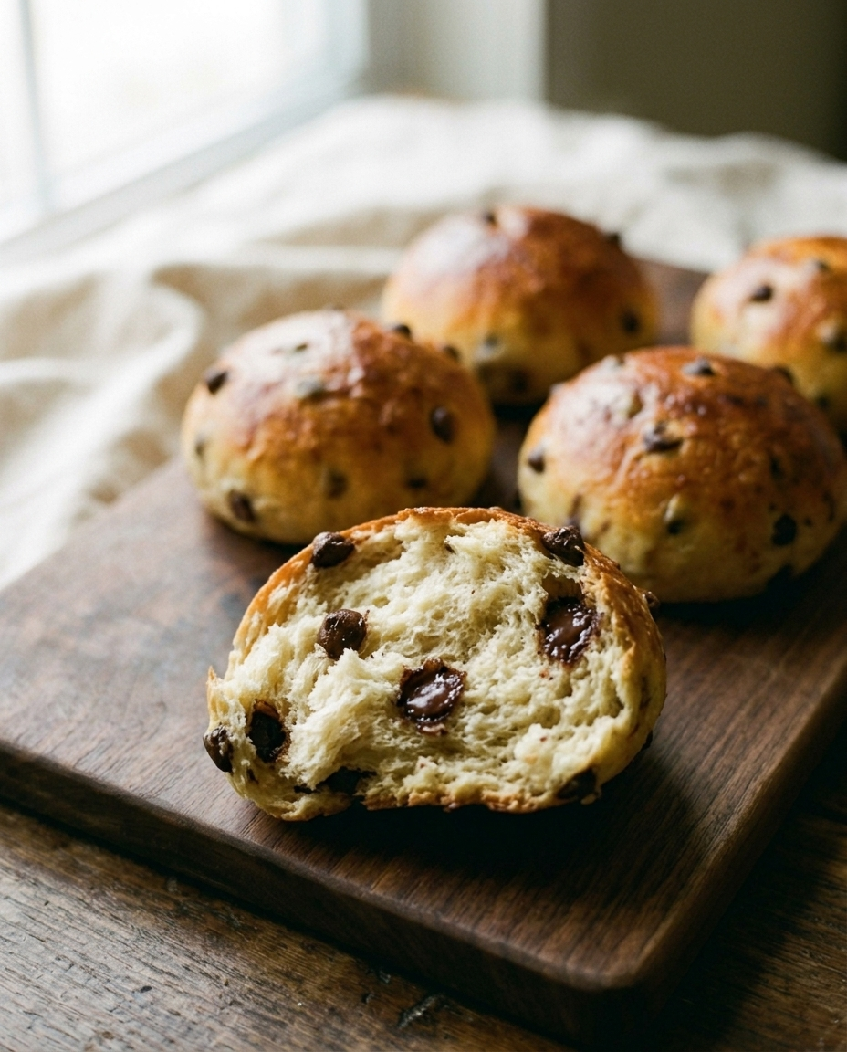 Chocolate chip bread roll torn open showing chips through the crumb