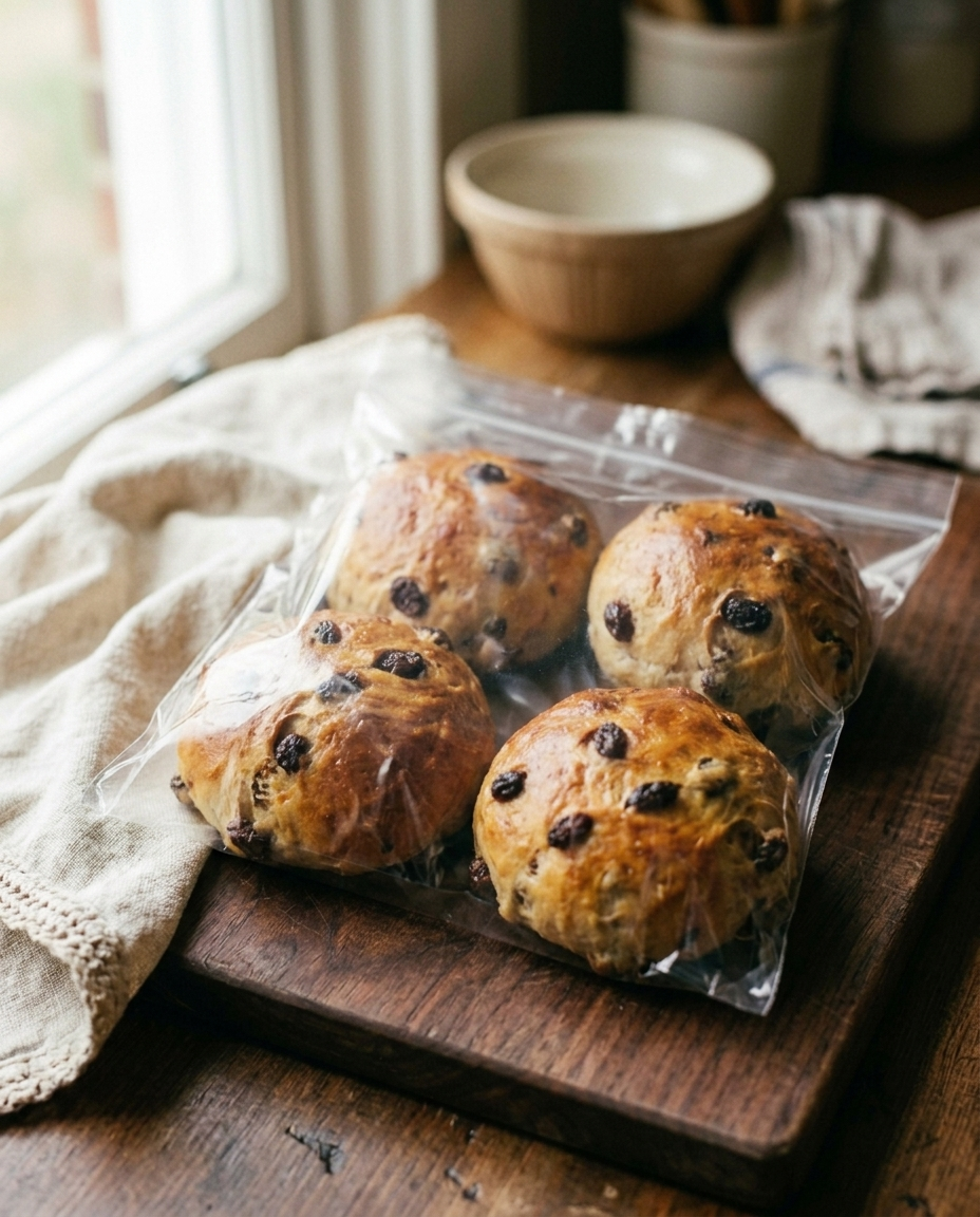 Four raisin bread rolls sealed in a clear bag, as they arrive