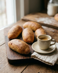 Olive oil bread rolls beside an espresso cup for size reference