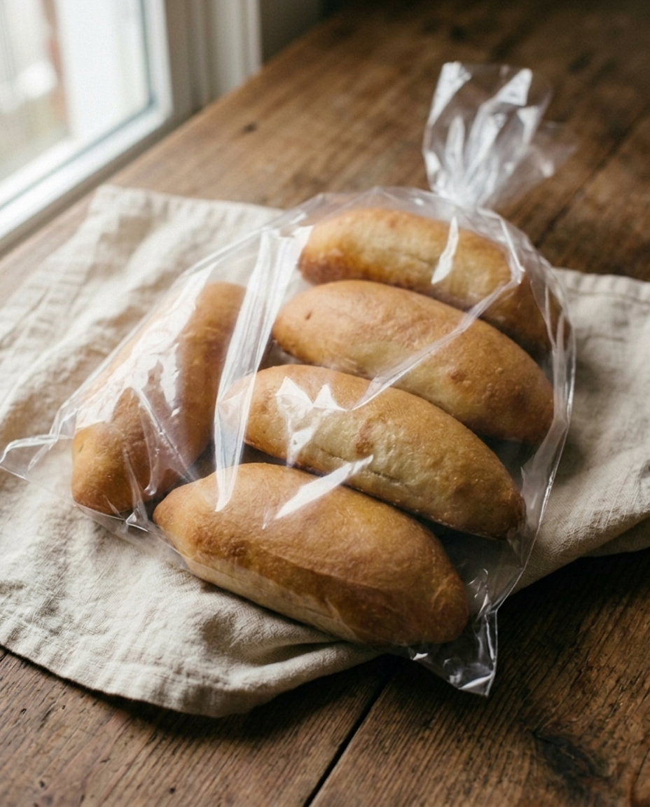 Four olive oil bread rolls sealed in a clear bag, as they arrive