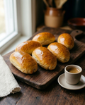 Milk bread rolls beside an espresso cup for size reference