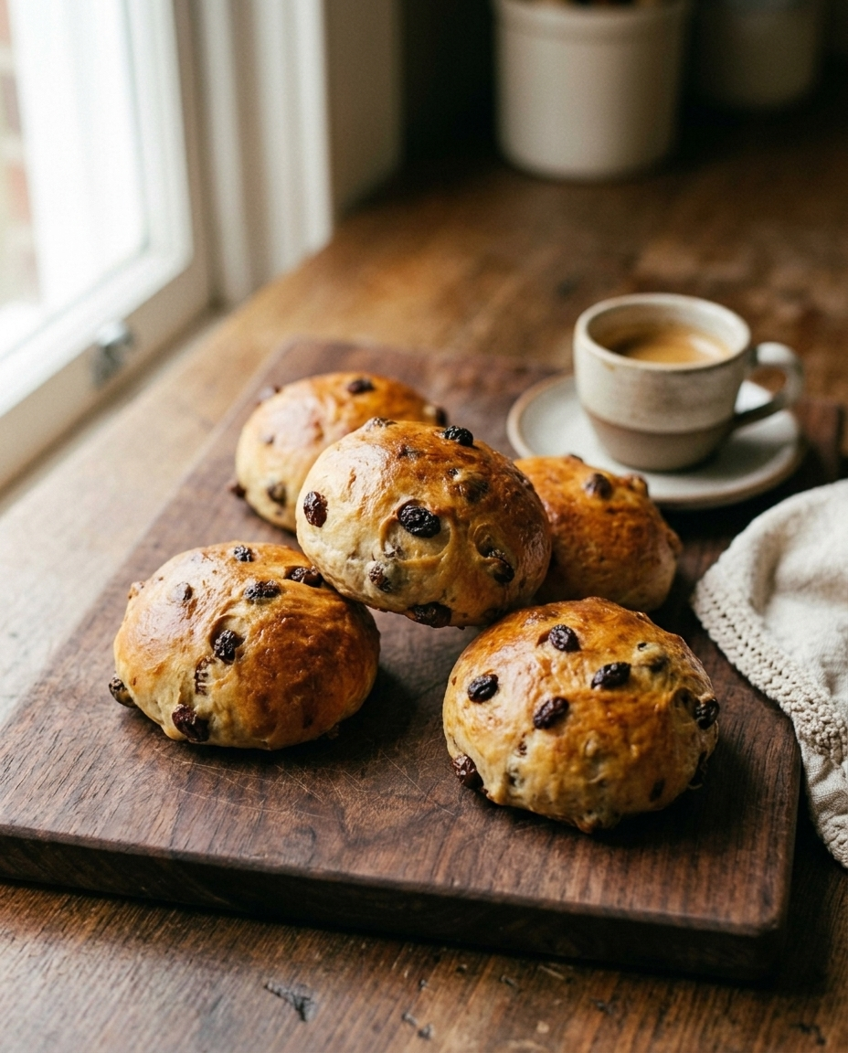 Raisin bread rolls beside an espresso cup for size reference