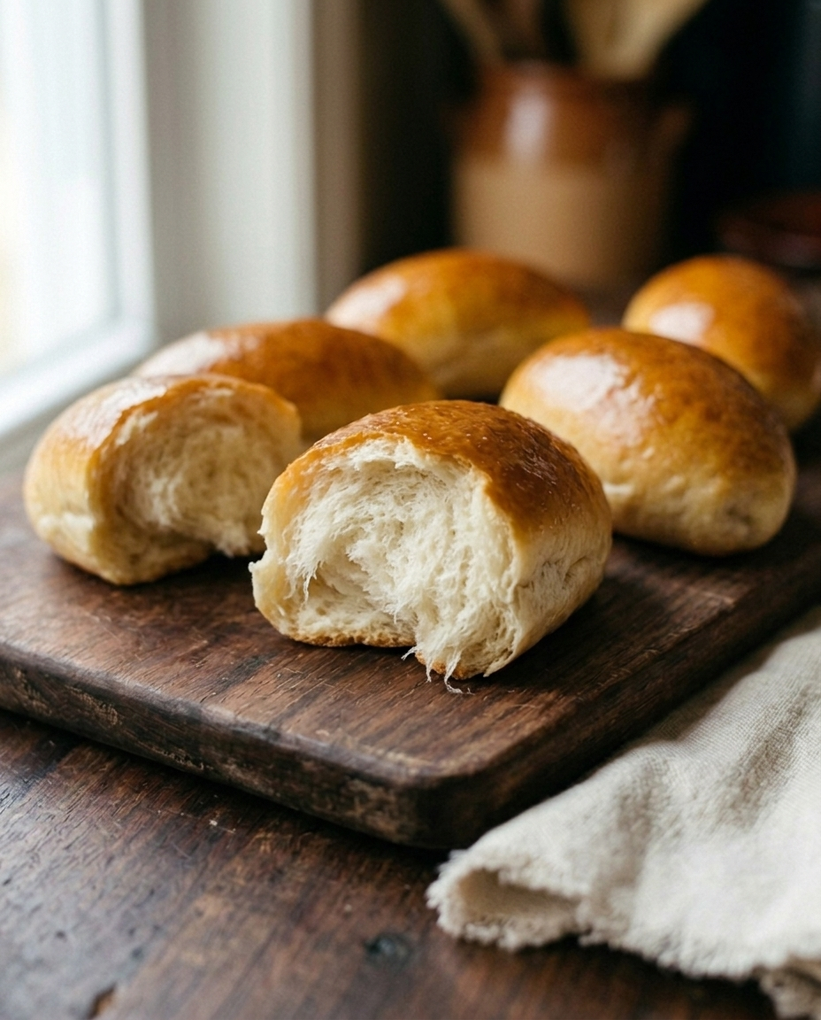 Milk bread roll torn open showing its soft fluffy crumb