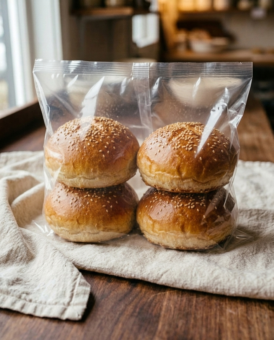 Four sesame burger buns sealed in a clear bag, as they arrive