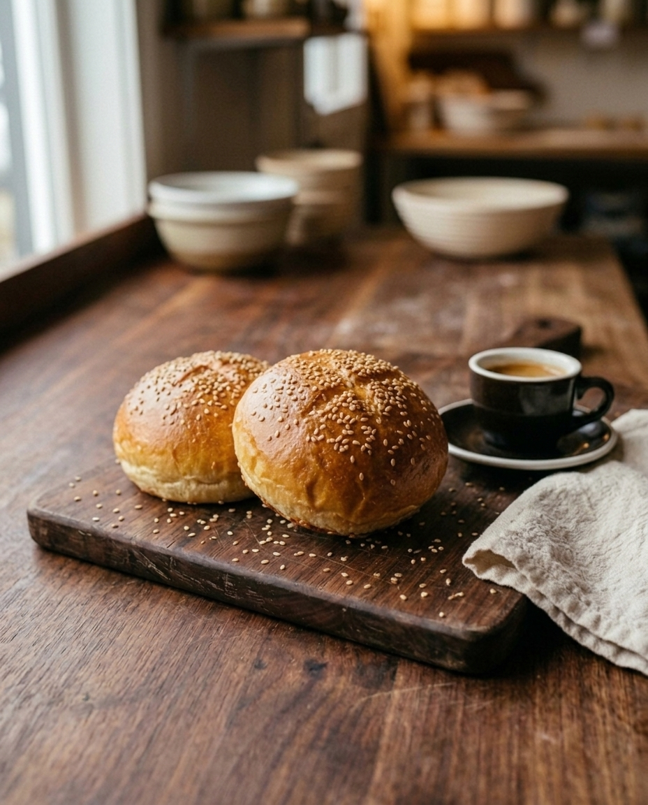 Sesame burger buns beside an espresso cup for size reference