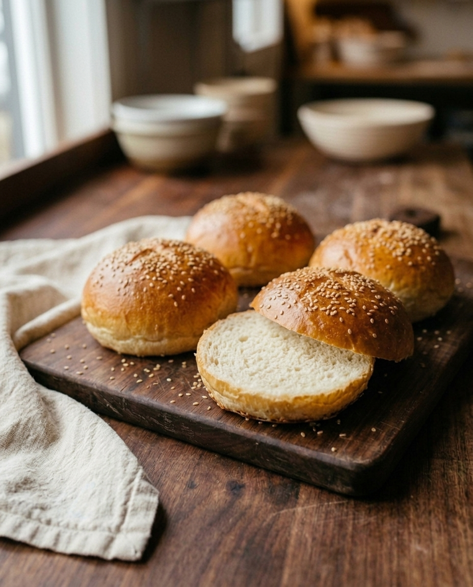 Sesame burger bun sliced open showing its soft sturdy crumb