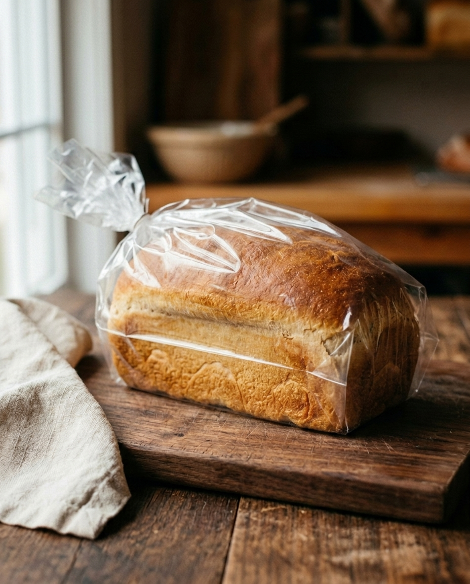 Soft bread loaf sealed in a clear bag, as it arrives