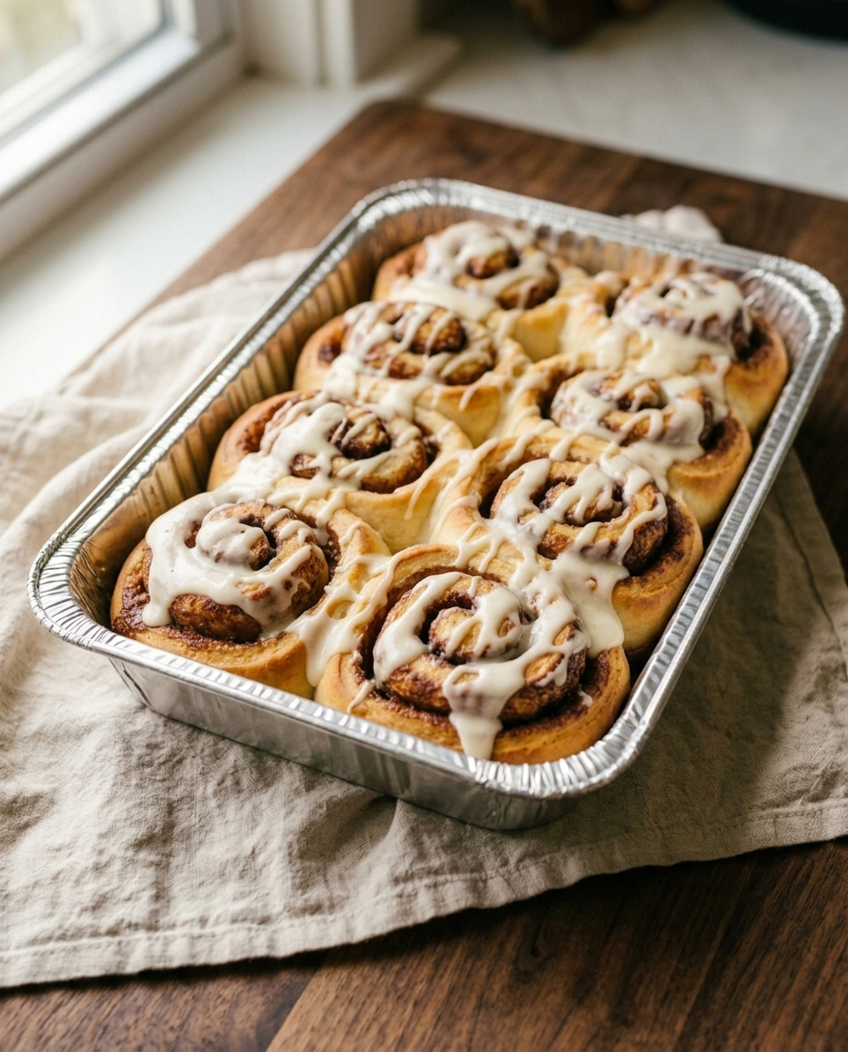Eight homemade glazed cinnamon rolls in an aluminium tray