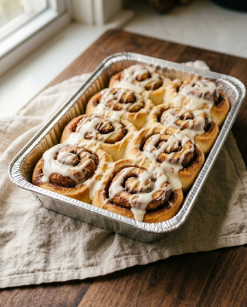 Eight homemade glazed cinnamon rolls in an aluminium tray