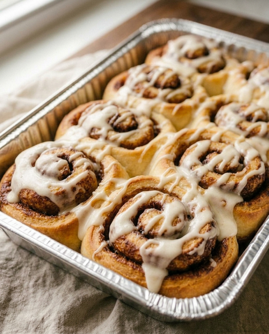 Close-up of glazed cinnamon rolls showing the soft spirals