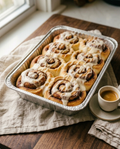 Tray of cinnamon rolls beside an espresso cup for size reference
