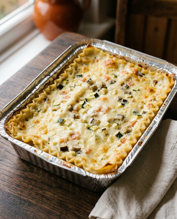 Homemade white vegetarian lasagna with béchamel and diced vegetables in an aluminium tray