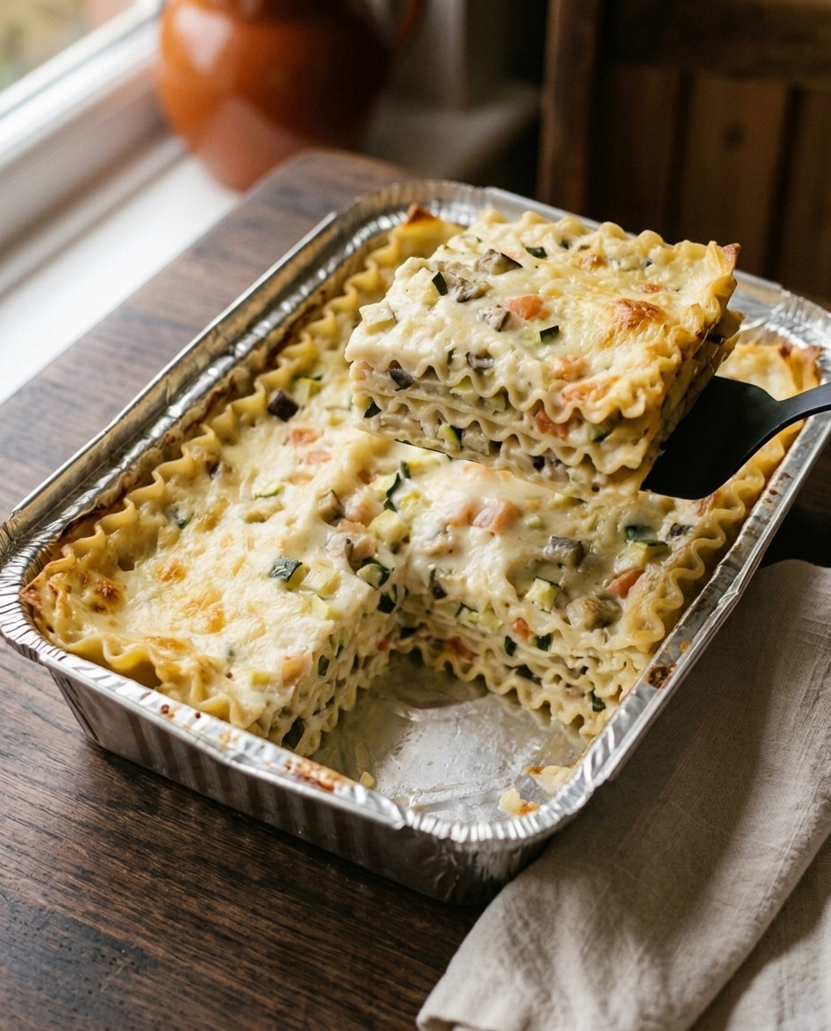 Vegetarian lasagna portion lifted showing three pasta layers with béchamel and vegetables